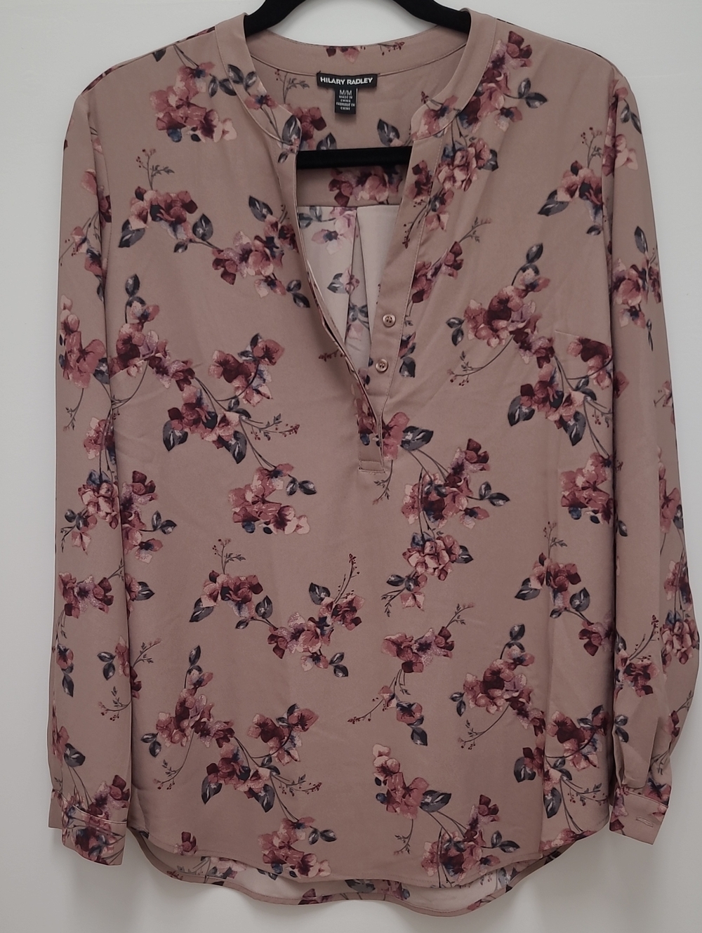 Hilary Radley Mauve Floral Button-Front Long-Sleeve Blouse